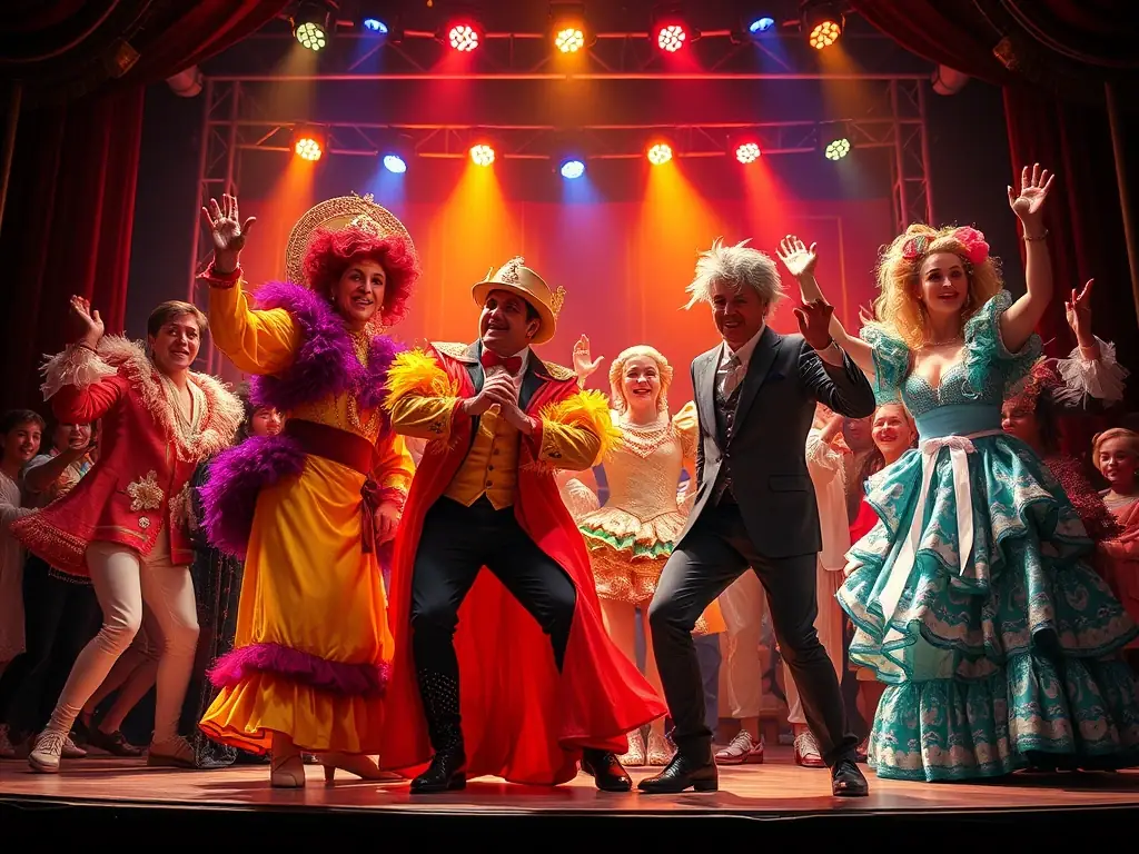An image of a vibrant community performance with artists and audience engaging in a lively cultural event.