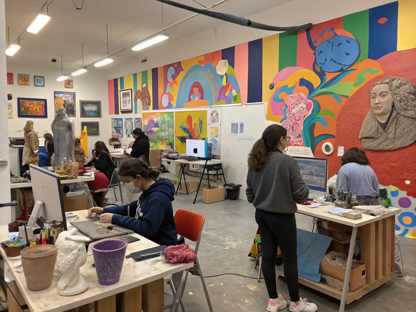 A vibrant image showcasing participants engaged in a collaborative art workshop, with diverse age groups and artistic expressions visible. The setting is a bright, open studio space filled with art supplies and completed artworks.