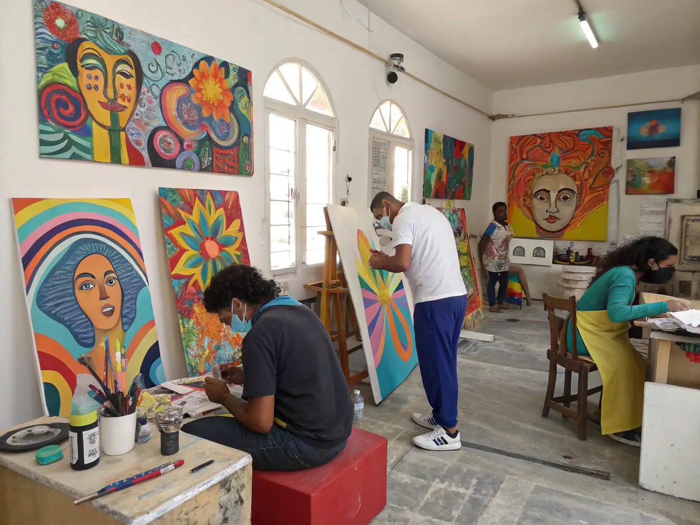 A photograph of artists working in a shared studio space, showcasing the collaborative and supportive environment. The image highlights the tools, materials, and creative processes involved in artistic production.