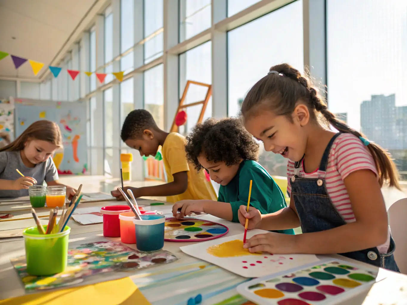 A photograph capturing a group of children participating in an interactive art workshop, painting and creating under the guidance of an artist.