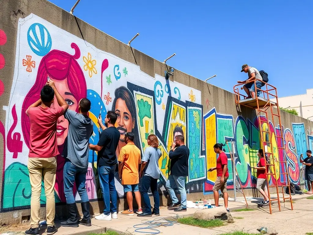 A photo of a community mural project in progress, showcasing diverse participants collaborating on a large-scale public art installation.
