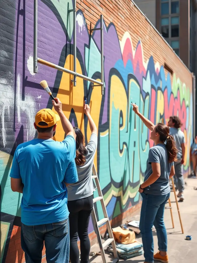 A photograph of volunteers and community members collaborating on a public art installation, symbolizing unity and shared artistic vision.