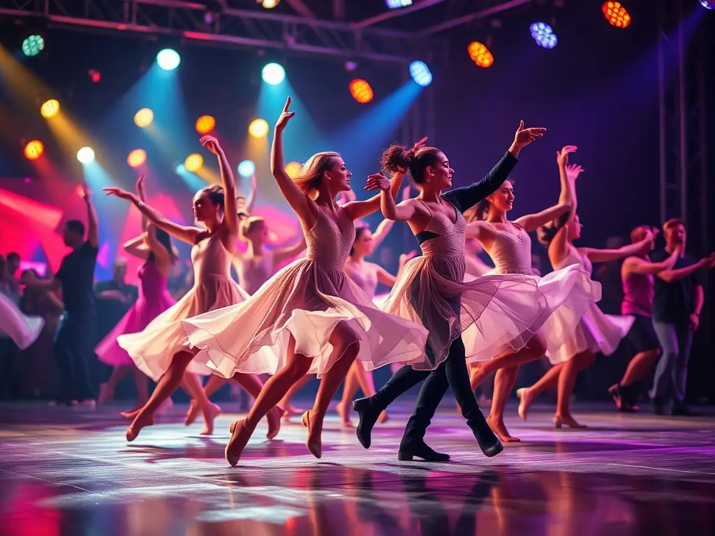 A dynamic image of a live cultural performance, featuring dancers or musicians on stage, with an engaged audience in the background. The lighting and stage design enhance the visual appeal of the performance.