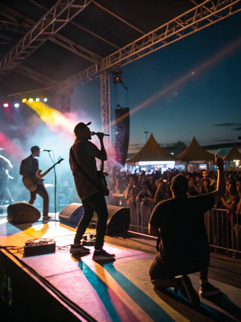 A dynamic image of a live performance featuring local artists on stage, with an enthusiastic audience in the background, symbolizing ASSOCIATION TATINIASS's role in promoting local talent and cultural vibrancy.