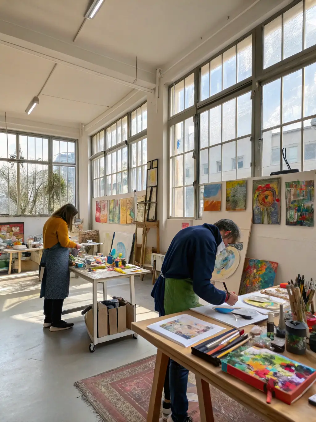 A photograph of artists working in a shared studio space, surrounded by their creations, illustrating ASSOCIATION TATINIASS's support for artists' employment and professional development.